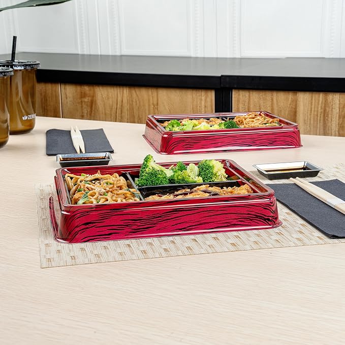 Restaurantware-Bento Tek 16.1 Ounce Meal Prep Containers, 100 Disposable To Go Food Boxes - Lids Sold Separately, 3 Compartments, Red And Black Plastic Bento Lunch Boxes, Freezable, For Take Out - Image 6