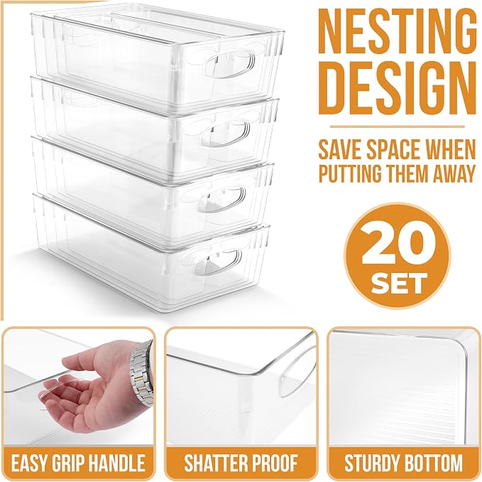 Sorbus Clear Plastic Storage Bins for Organizing, 20 Pack Clear Organizer Bins with Handles, Plastic Storage Bins for Closet, Pantry, Fridge, Medicine Cabinet Organizer, Shelves, Freezer, Drawer - Image 2