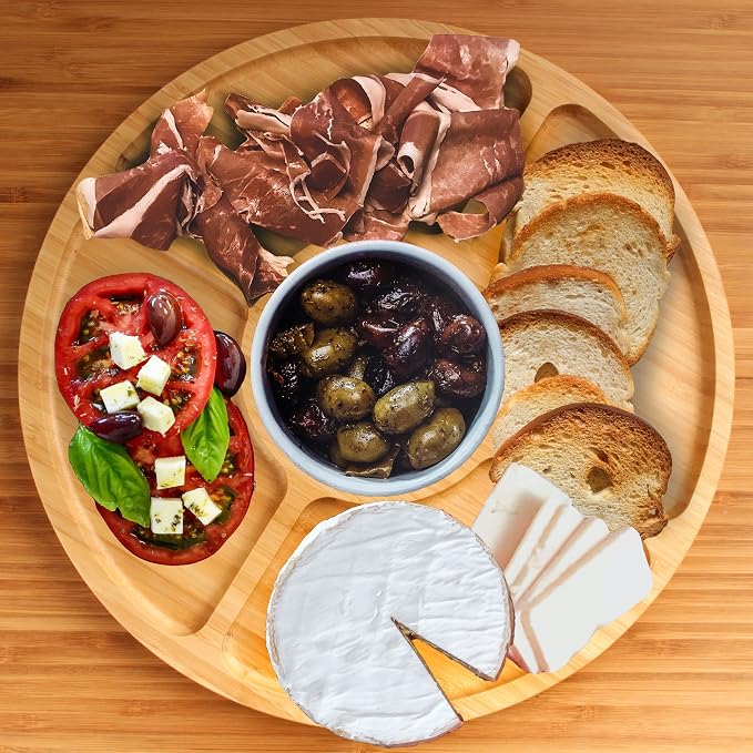 BambooMN Natural 12" Bamboo Round 5 Compartment Serving Tray/Platter, Charcuterie Board, Perfect for Snacks, Party Platter, Appetizers - 1 Tray - Image 7