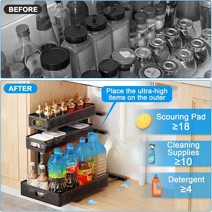 Under Sink Organizer,3-Tier Thickened Metal Pull out Cabinet OrganizerShelf | Height Adjustable Slide out Storage Drawer Rack for under sink organizer bathroom Kitchen,Laundry Room & Pantry - Image 3