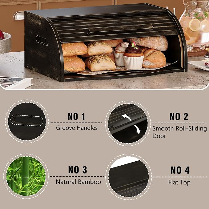 Trironsun Bamboo Roll Top Bread Box for Kitchen Countertop Large Capacity Bread Storage Bin Wooden Bread Storage Organizer Natural Breadbox for Food Storage (Antique Black) - Image 8