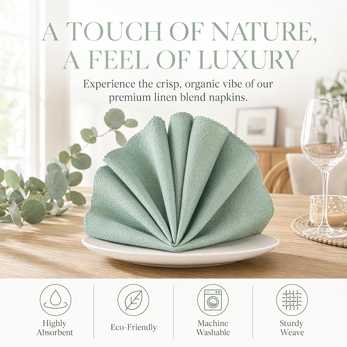 17x17 Solid Green Linen Napkins Set of 12 Washable Holiday Table | Need festive table decor? This 12-pack of green cloth napkins is perfect for adding rustic charm to holiday dinners. - Image 7