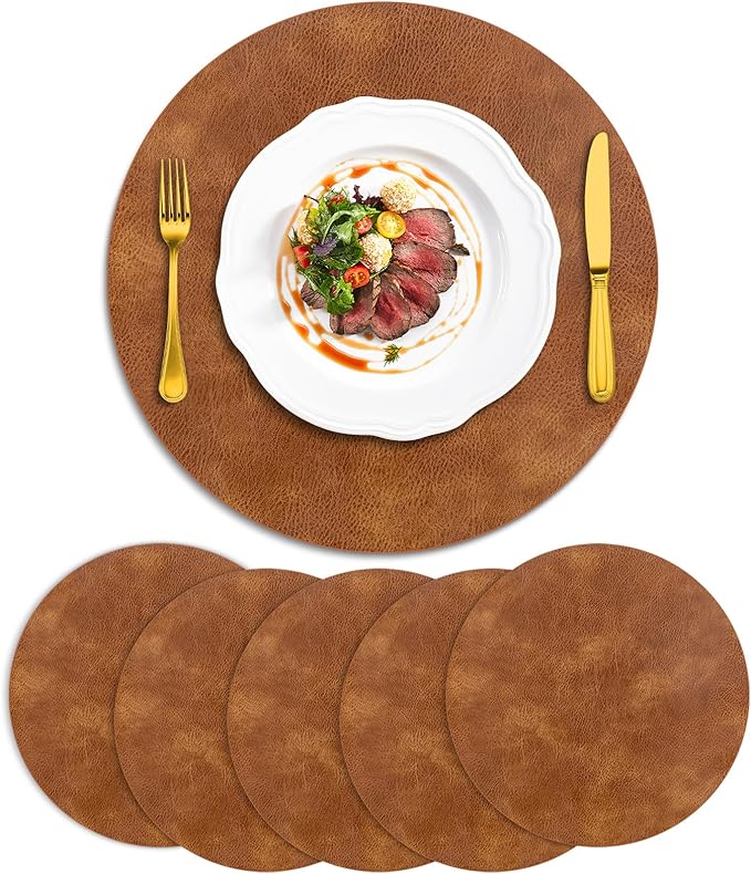 ADRIMER Placemats, Heat Resistant Round Placemats Set of 6 Washable, Waterproof Table Mats, Wipeable Faux Leather Place Mats for Kitchen, Dining Room, Turmeric Brown by Adrimersdreamistobeanindispensablecompanioninyourlife