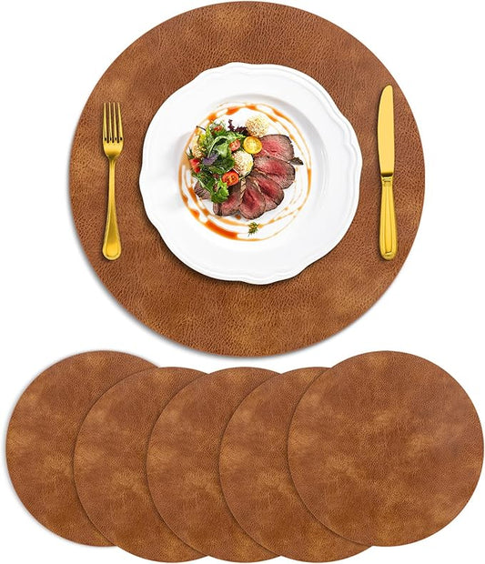 ADRIMER Placemats, Heat Resistant Round Placemats Set of 6 Washable, Waterproof Table Mats, Wipeable Faux Leather Place Mats for Kitchen, Dining Room, Turmeric Brown by Adrimersdreamistobeanindispensablecompanioninyourlife