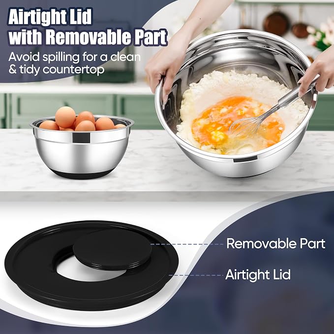 E-far Stainless Steel Mixing Bowls with Lids Set, 5-Piece Nesting Salad Bowls with 3 Grater Attachments and Non-Slip Bottoms, Size 4.6, 2.6, 2, 1.5, 1QT for Kitchen (Black) - Image 6
