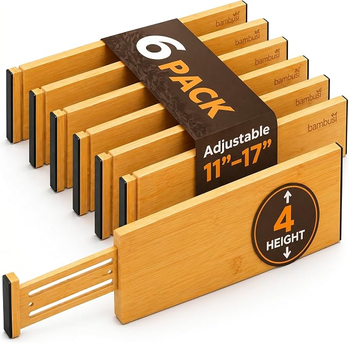6-Pack Deep Drawer Dividers 4-Inch High Dresser Drawer Organizer, Bamboo | Adjustable 11.5-17 Inch Spring-Loaded Separators for Clothes, Utensils, Socks, Bedroom, Bathroom, Kitchen, Office, No Tools - Image 8