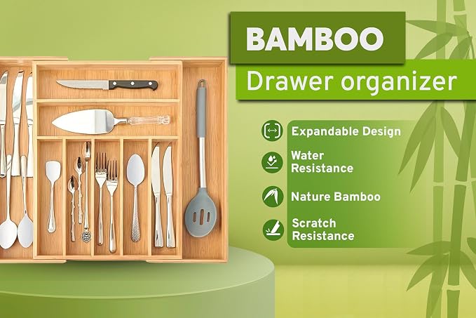 Bamboo Kitchen Drawer Organizer, Expandable Wood Utensil Tray, Adjustable Silverware Organizer with 9 Compartments for Fork, Spoon & Knife Utensils - Image 6