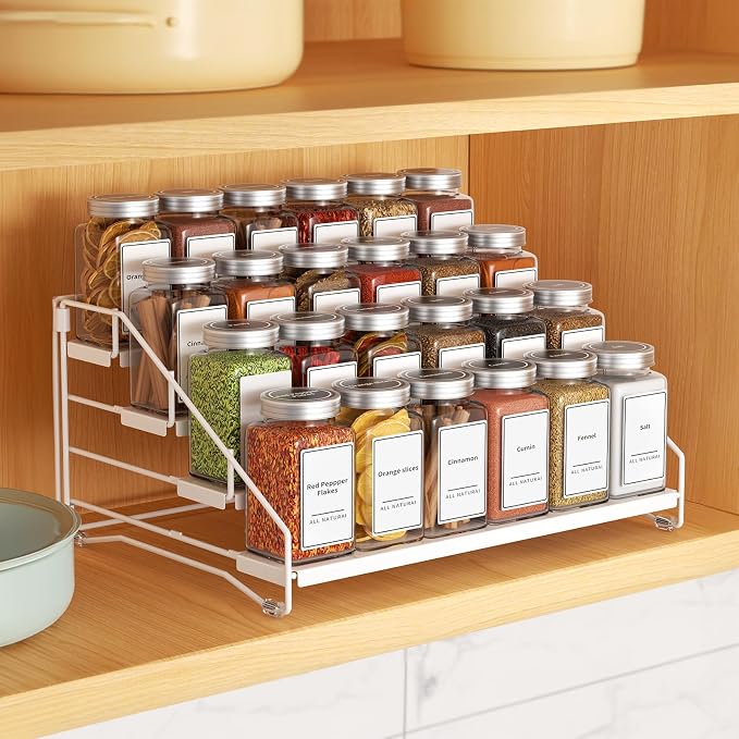 BOIVSHI Tiered Spice Rack, Spice Shelf Organizer for Cabinet, Metal White | 4 Tier Spice Rack for Countertop, Depth Adjustable Spice Organizer, No-screw Assembly, Space-saving for Cabinet, 1 Pack - Image 2