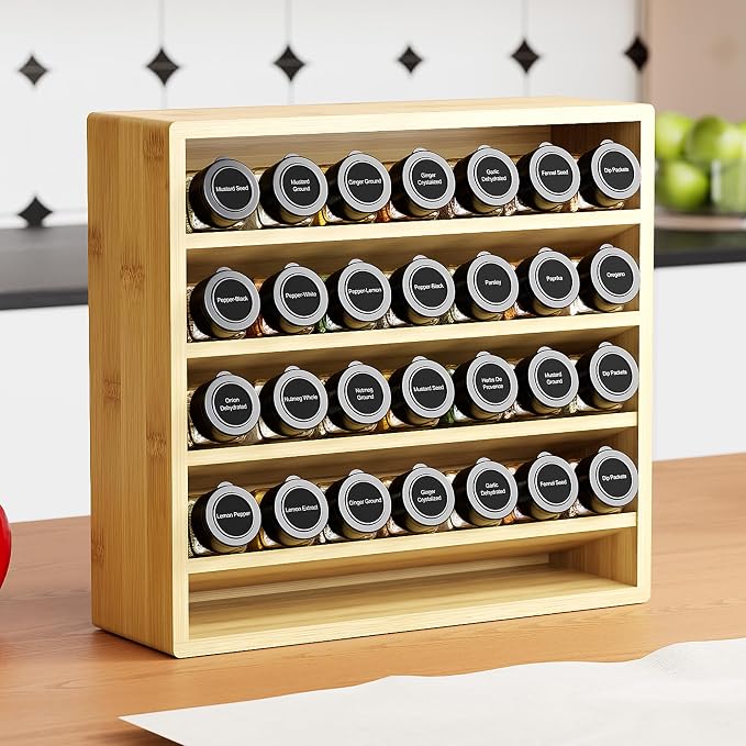 Orimade 4 Tier Spice Rack Organizer for Cabinet with 28 Plastic Spice Jars, Freestanding Bamboo Seasoning Rack for Countertop, Cupboard, Pantry, Kitchen, 13.18 x 4.13 x 12.2 inches - Image 3