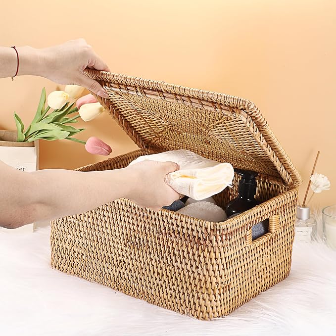 Hipiwe Wicker Storage Bin with Lid & Handle Handwoven Rattan Shelf Baskets | Rectangular Decorative Baskets Box Household Basket Boxes for Home Organizing,13.2"Lx10.2"Wx6.7"H - Image 5