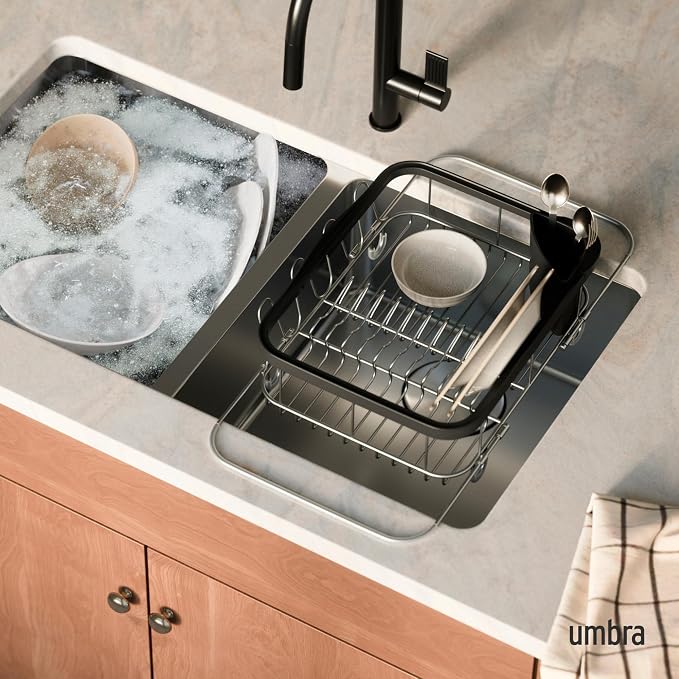 Umbra Sinkin Dish Drying Rack, in Sink or on Counter Drainer, Black/Nickel | Durable steel wire frame, rubber coated feet, low profile design, plastic base - Image 2