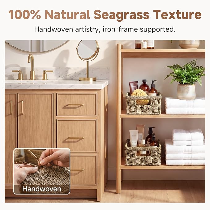 StorageWorks Wicker Baskets for Organizing,Seagrass Baskets for Decor,2Pack | Rectangle Wicker Baskets for Organizing, Wicker Storage Baskets for Shelves, Decorative Baskets,Seagrass Baskets with Handles - Image 5