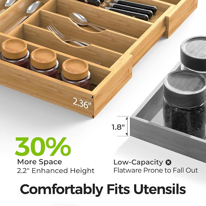 Bamboo Kitchen Drawer Organizer, Expandable Silverware Organizer with Removable Knife Block, 6-8 Slots- Utensil Holder & Cutlery Tray Drawer Dividers, 2.36" Deep for Extra Capacity, Natural - Image 4