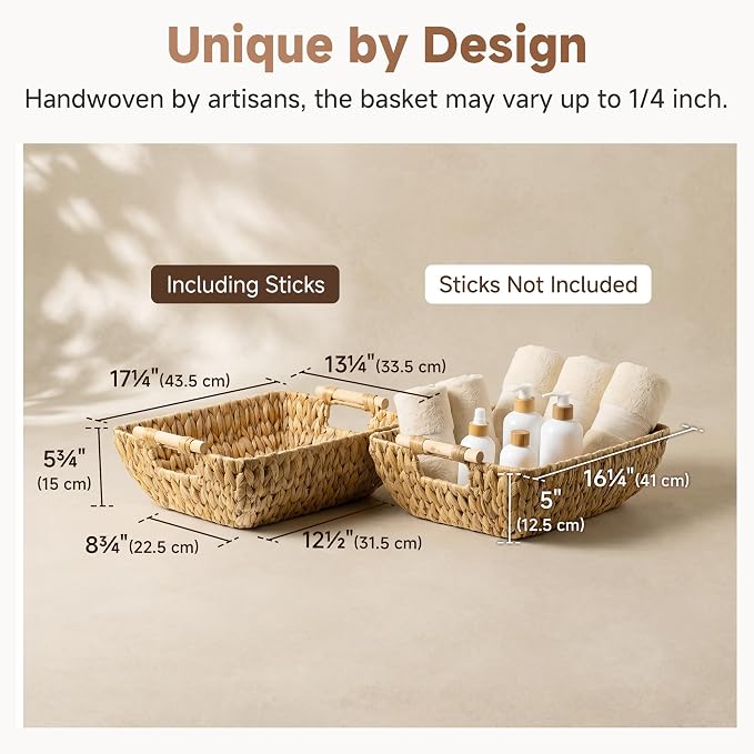 StorageWorks Hand-Woven Storage Baskets with Wooden Handles, Water Hyacinth Wicker Baskets for Organizing, 2 Pack - Image 3