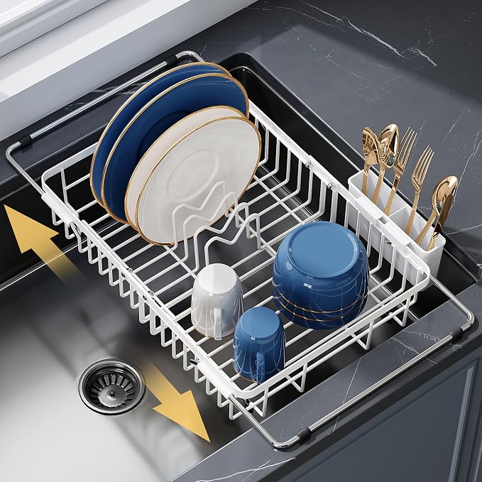 JASIWAY White Dish Drying Rack Over the Sink with Utensil Holder | Expandable Stainless Steel Dish Driainers for Small Kitchen, Counter Space Saving, Fast Drain, Rust Resistant, For Apartment by JASIWAY