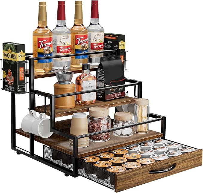 Coffee Syrup Organizer Rack, 4-Tier Stand with K-Cup Drawer & Side Hooks | All In One Holds 12 Syrup Bottles , 36 K-Cups Pump Use On-Shelf for Home Kitchen Pull-Out Drawer Side Basket For Mugs/Stirrer by Unknown