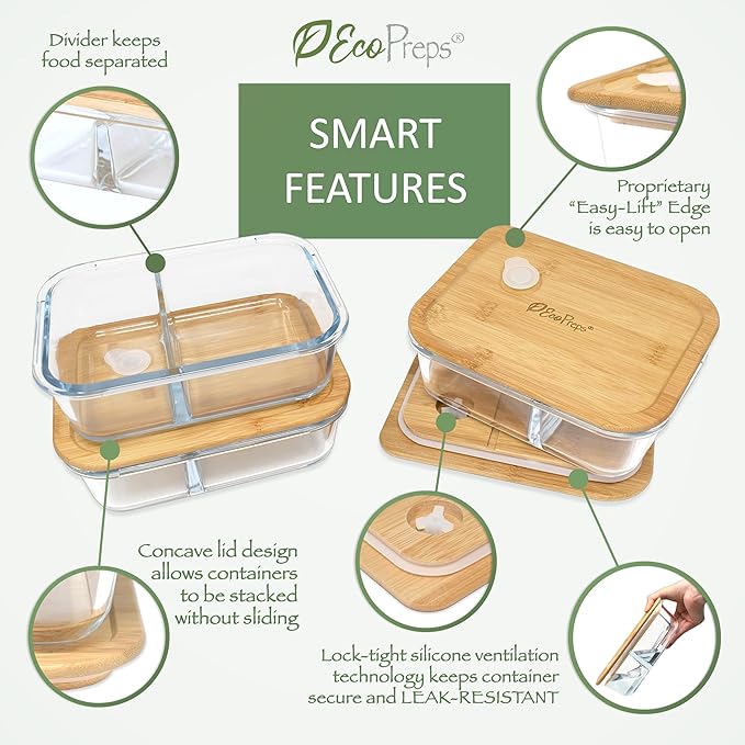 Glass Meal Prep Containers with Bamboo Lids, 2 Compartment Glass Bento Box Container Set (3 Pack) | 100% Plastic Free, Eco-Friendly, Lunch Containers with Lids Made of Bamboo - Set of 3 - Image 4