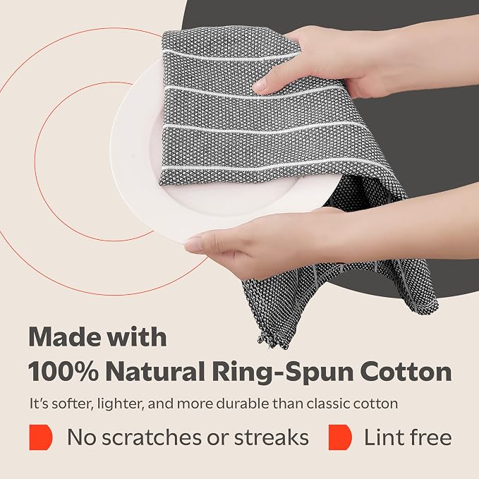 Zeppoli Classic Kitchen Towels - 6 Pack 100% Natural Cotton Towel Set, Reusable Wash Cloths, Absorbent Dish Towels, Machine Washable Hand Towels, Kitchen Essentials, 20" x 28" - Black VAR - Image 3