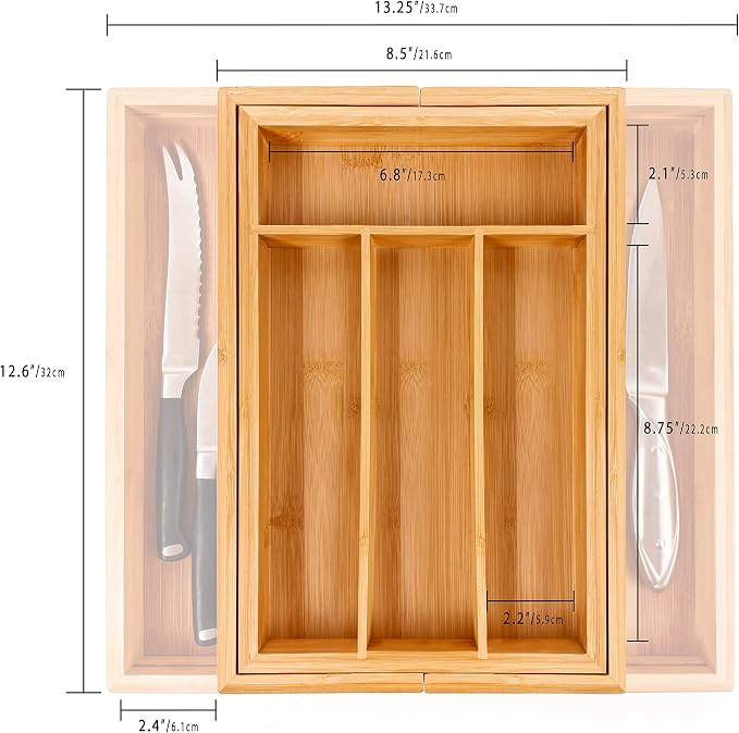 Berghoff Expandable 6 Slot Bamboo Flatware Organizer, Kitchen Cutlery Tray | Adjustable Wood Drawer Divider & Silverware Organizer, Adjusts 8.5 to 13.25 Inches, 6 Slot Utility Tray & Utensil Holder - Image 5
