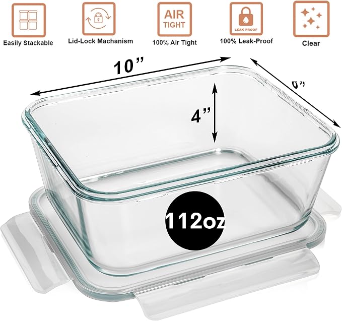 Razab 4 Pc Large Glass Food Storage Containers with Lids, Airtight, Leak Proof, BPA Free - Image 6