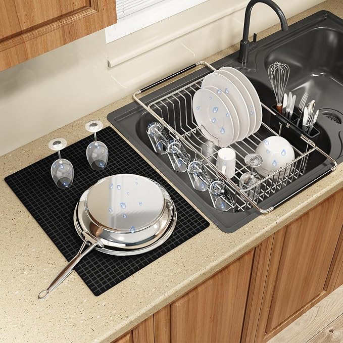 Dish Drying Rack Over The Sink with Utensil Holder, Mat | Expandable Stainless Steel Dish Drainer for Small Kitchen, Apartment, RV, Counter Space Saving, Perfect Fit, Rustproof by MAJALiS