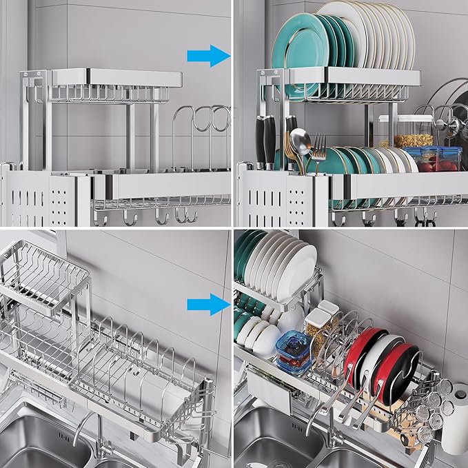 Over Sink Dish Drying Rack, Upgrade 2.5-Tier 304 Stainless Steel Dish Rack Adjustable Length with Pots and Pans Rack, Modern Over The Sink Dish Drainer Rack for Kitchen Storage Counter Organizer - Image 7