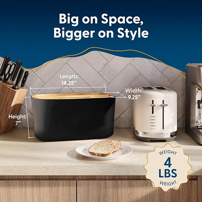 Sonder LA Union Bread Box with Wood Lid (Black) Large 14.25x9.25x7 in | Bamboo Fiber & Recycled Plastic Body with Reversible Bread Board Lid, Kitchen Countertop Use, Larger Than It Appears, 4 lbs - Image 5