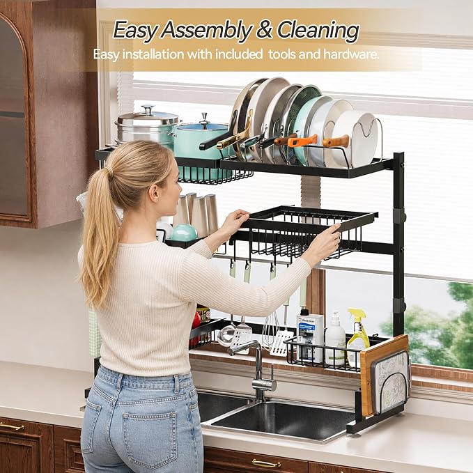 ADBIU Over Sink Dish Drying Rack (Expandable Height/Length) Snap-On Design Large Dish Drainer Storage Counter Organizer 32-40L x 12W x 34-38H (inches) - Image 6