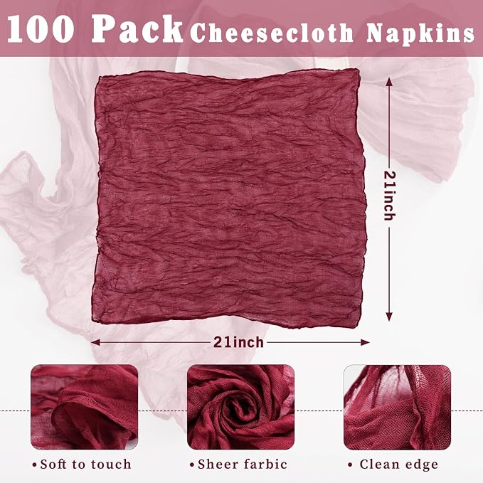 100 Pack Burgundy Cheesecloth Napkins Washable 21x21 Inches Burgundy Cloth Napkins Set of 100 Dinner Table Napkins for Wedding Bridal Baby Shower Rustic Boho Cotton Gauze Summer Party Table Decor - Image 3