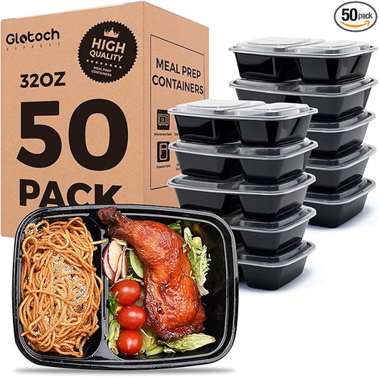 Glotoch 50 Pack(100-Piece)32oz 2-Compartment Meal Prep Containers with Lids | Sturdy Leakproof Plastic Food Storage Containers for Lunch,Microwave,Freezer,Dishwasher Safe and BPA Free Takeout Containers by GlotochExpress