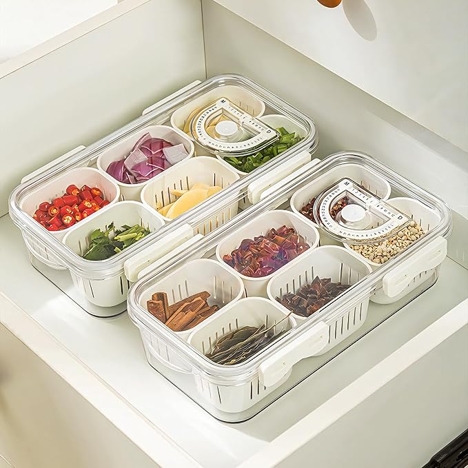2Pack Divided Food Serving Tray with Lids Stackable Snackle Box for Candy Nuts Spice Fruit&Veggie Container with 6 Small Dividers Plastic Storage Bins for Fridge Pantry Freezer - Image 2
