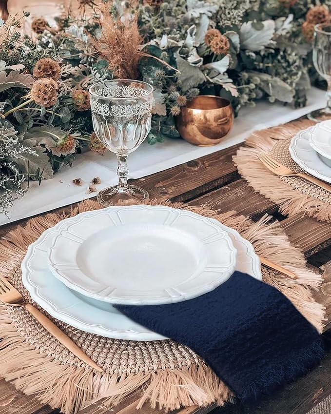 36 Pack Navy Blue Cotton Linen Napkins - 16 x 16 Inch Fringed Soft Washable Rustic Dinner Napkins for Wedding Party Dinner Table - Image 6
