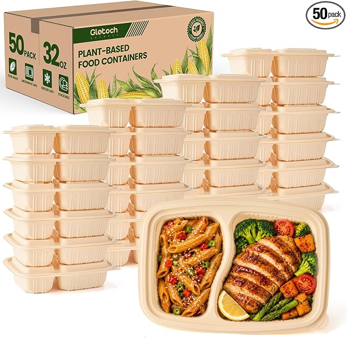 100 Piece (50 Pack) Meal Prep Containers Reusable - 2 Compartment 32 oz Cornstarch Snack Containers with Lids - Plastic Food Storage Salad Containers - To Go Lunch Box - Microwave & Freezer Safe by GlotochExpress