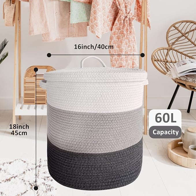 Large Storage Basket with Lid 60L, 16"Wx18"H Woven Laundry Basket with Lid Cotton Laundry Basket, Wicker Basket Blankets Pillows Storage in Living Room Baby Nursery, Dark Gray/Gray/White Mix with Lid - Image 2