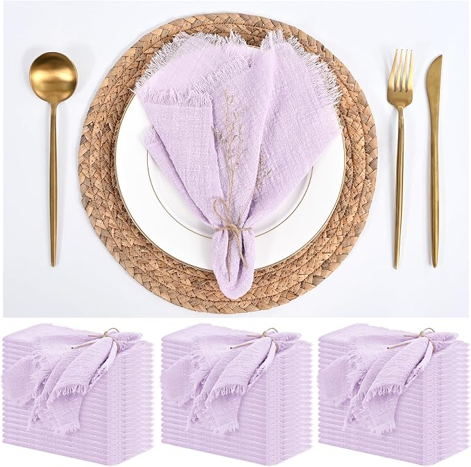 60 Pack Lavender Napkins Cotton Linen Napkin 16 x 16 Inch Handmade with Fringe Soft Lilac Napkins Cloth Washable Rustic Dinner Napkin Cloth for Wedding Party Dinner Table by ABKLESACH
