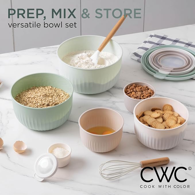COOK WITH COLOR Prep Bowls with Lids- Wide and Deep Nesting Plastic Small Mixing Bowl Set with Lids, 12 Piece Set - Deep Bowls, Mint - Image 2