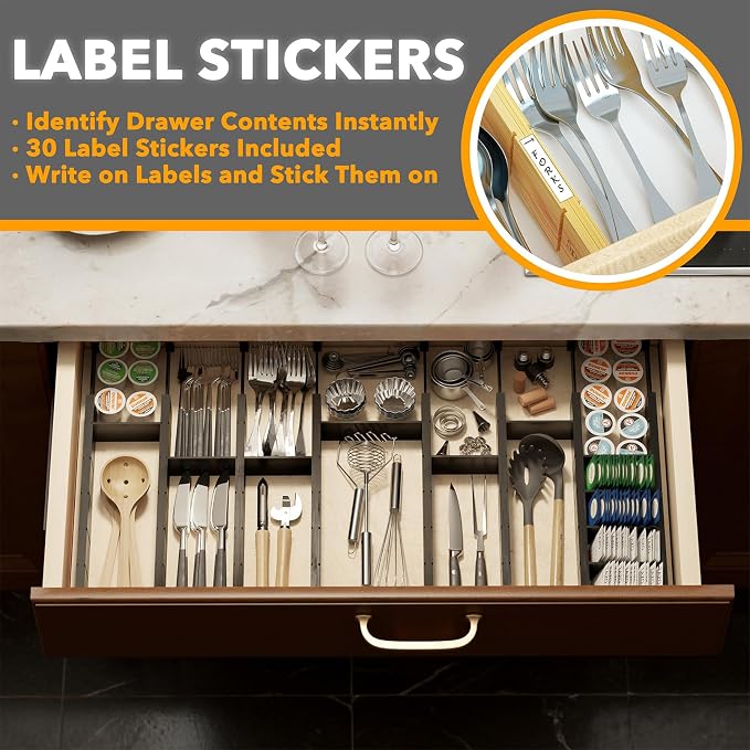 SpaceAid Bamboo Drawer Dividers with Inserts and Labels, Kitchen Adjustable Drawer Organizers, Expandable Organization for Home, Office, Dressers, 10 Dividers with 24 Inserts (17"-22" Black) - Image 3