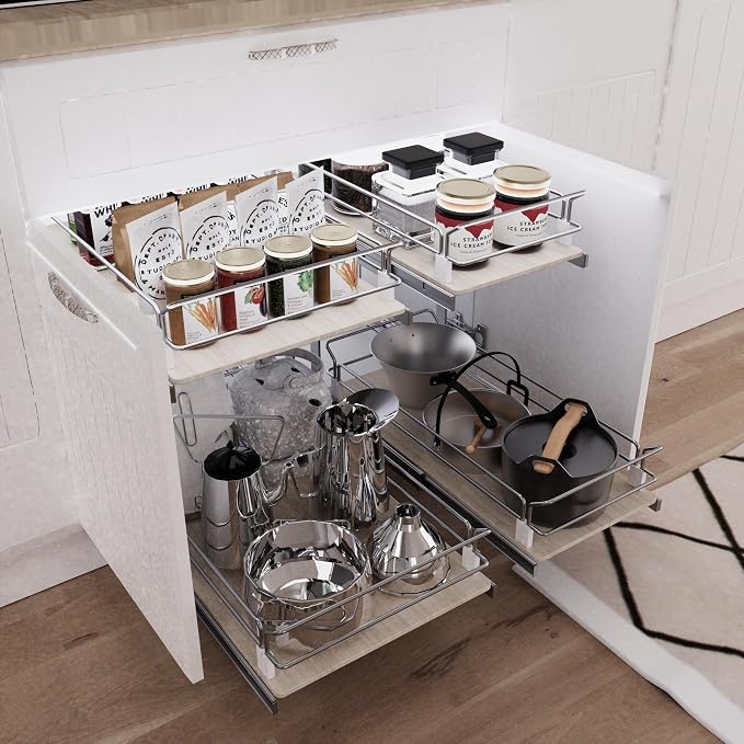2 Tier Pull Out Cabinet Organizer 20.08" W X 22" D, Wood & Chromed | Full Slide Out Drawers For Kitchen Cabinets, Cabinets Capacity Heavy Duty Caddy, Cabinet Pullout Shelves , Pantry Storage - Image 6