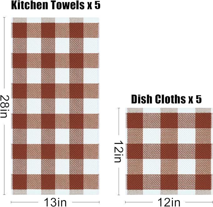 Homaxy Kitchen Towels and Dishcloths Set, Set of 10, White & Rust | Bulk Cotton Waffle Weave Check Plaid Kitchen Towels, Super Soft and Absorbent Dish Cloths, 12 x 12 and 13 x 28 Inches - Image 4