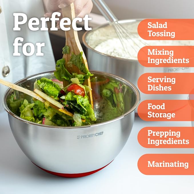 Premium Mixing Bowls With Airtight Lids Set, Thicker Stainless Steel Mixing Bowl Set, Large Prep Metal Bowls with Lids, Nesting Bowls for Kitchen, 1.5/2/3/4/5 Qrt, Red - Image 6