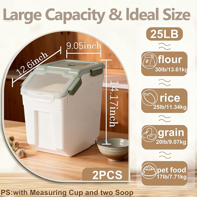 RUIAN Large Airtight Storage Container, 25lb Flour Rice Storage Containers Bin with Wheels Seal Locking Lid, with Measuring Cup&Scoop for Flour, Rice, Grain (Green, 2PCS) - Image 2