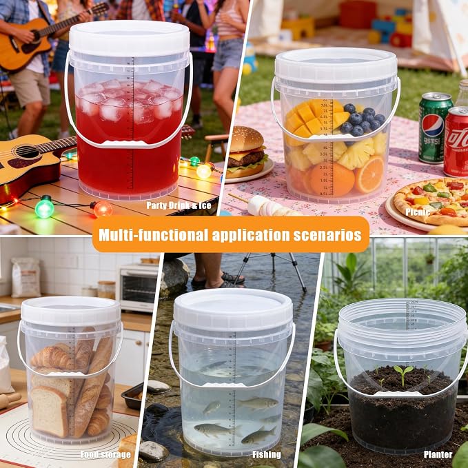 5 Gallon Bucket with Lid & 2.6 Gal Plastic Food Storage Containers, 5 Pack Clear Buckets with Lids, Food Grade Pail for Ice Cream, Dog Food, Water, Large Quart Container with Handle - Image 2