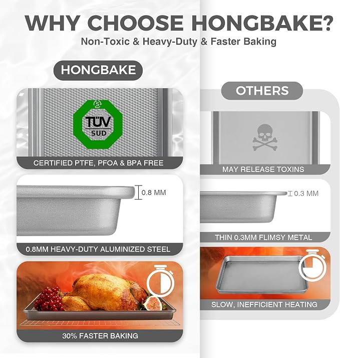 Naturally Non Toxic Baking Sheet Pan Set of 3, Heavy Duty Aluminized Steel Cookie Sheets, Half/Quarter/Jelly Roll Pans with Textured Nonstick Surface, Free of PTFE & PFOA - Image 5
