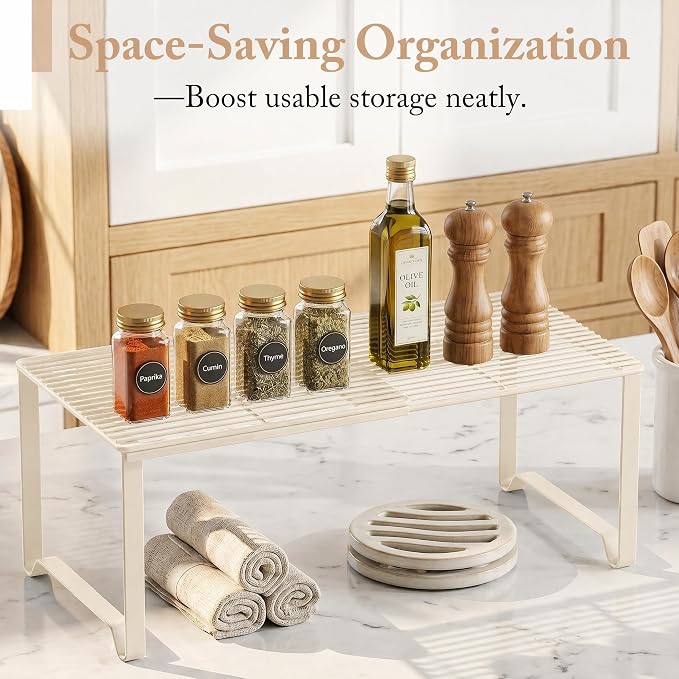 Extendable Metal Wire Shelf Organizer - Adjustable 15-24.4in Length, Stackable Storage Rack for Kitchen/Pantry/Bathroom/Shoe Cabinet/Tool Closet (1, Cream) - Image 6