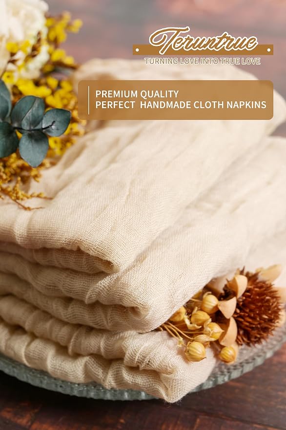 42 Packs Gauze Cheesecloth Napkins 20 x 20 Inch Beige Wrinkled Dinner Napkins, Light Brown Rustic Boho Soft Cloth Napkin for Wedding Party Event Dinner Table Decoration - Image 7