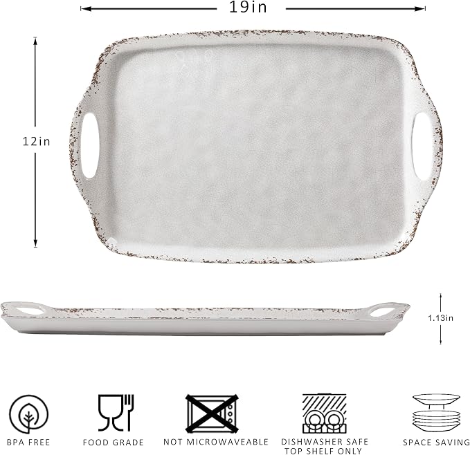 Farmhouse Melamine Serving Tray with Handles, Set of 2, 19"x12" Extra Large Rectangular Turkey Serving Platter, Serving Food Trays for Entertaining, Christmas,Thanksgiving,Party, Ivory - Image 6