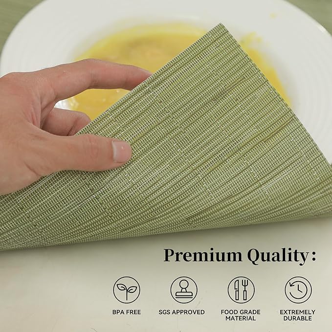 Leetaltree Pea Green Placemats Set of 4 - Heat Resistant Non-Slip Place mats for Dining Table, Washable Durable PVC Vinyl Woven Table Mats（Pea Green, 4） - Image 2
