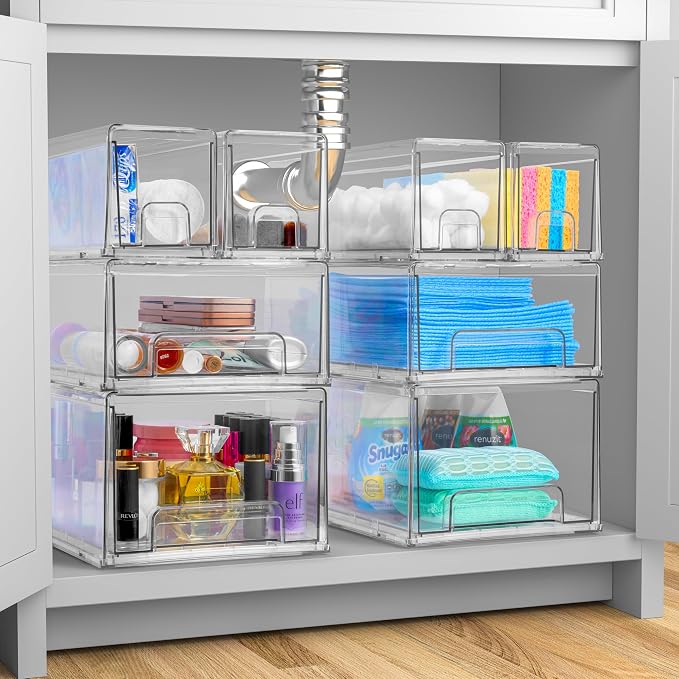 Sorbus Large Clear Stackable Storage Drawers – 6-Pack Plastic Organizer Bins with Handles – Stackable Pull-Out Storage Drawers for Closet, Pantry, Office, Bathroom, Craft, and Toy Organization - Image 2