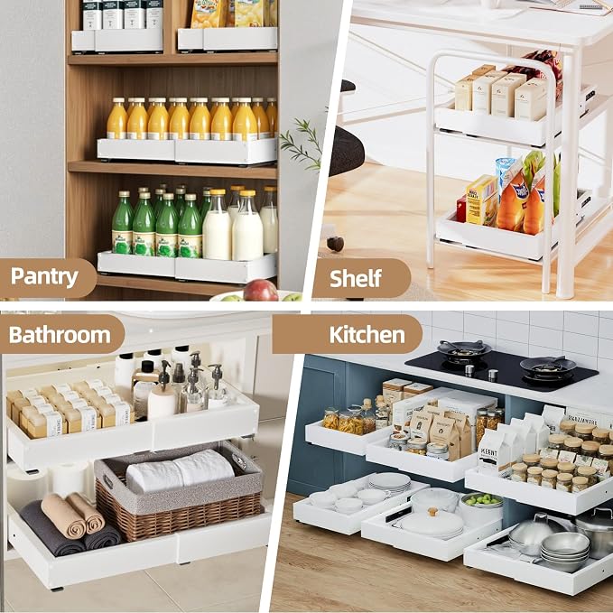 Expandable Pull Out Cabinet Organizer, Adjustable Width 12"-19" & Depth 16.5"-22", 4-Side Extension, 5 Slide Rails for Heavy Duty Use, Adhesive Roll Out Shelves for Kitchen Cabinets, White 1PCS - Image 6