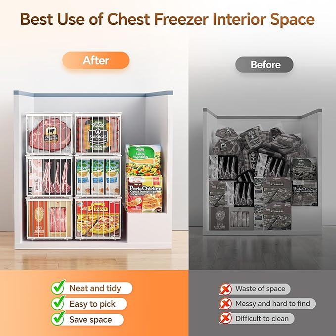 Freezer Organizer Bins, 6 Pack Enlarged Baskets for 5-9 Cu.FT Deep Freezer | Stackable Chest Freezer Organizer Bins, Foldable with Handles, White Storage Container Baskets for Sort Frozen Meats - Image 5